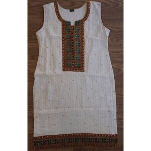 Indian White Kurti Top w/ Embroidery, Stitching, and Mirror Work - Size L